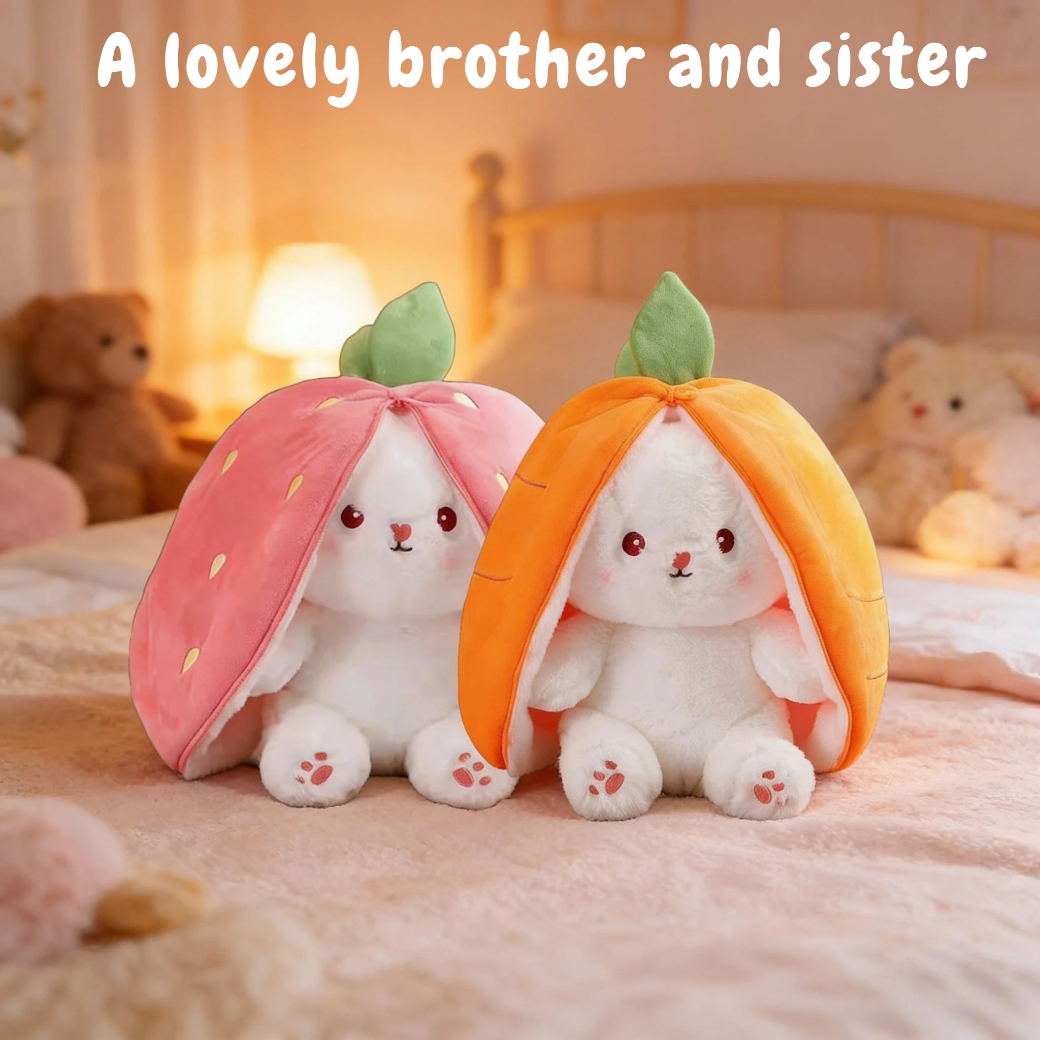 

Adorable Strawberry to Carrot Transforming Bunny Plush Toy Soft Huggable Stuffed Animal for Girls and a Perfect Gift for friend