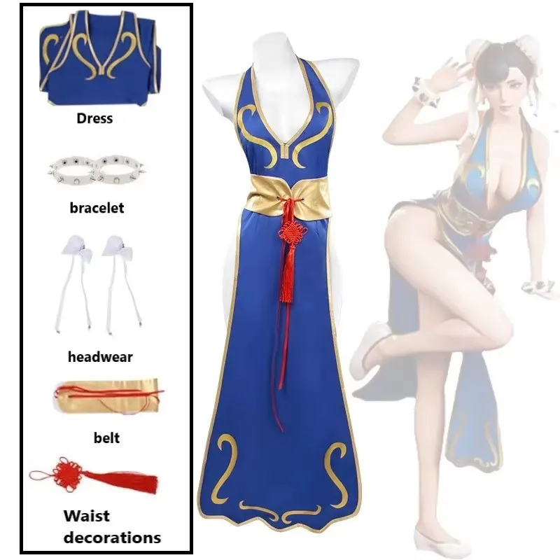 

Games Chun Li Cosplay Costumes Sutorito Faita Blue Cheongsam Dress Women Sexy Bodysuit Suit Halloween Party Clothing