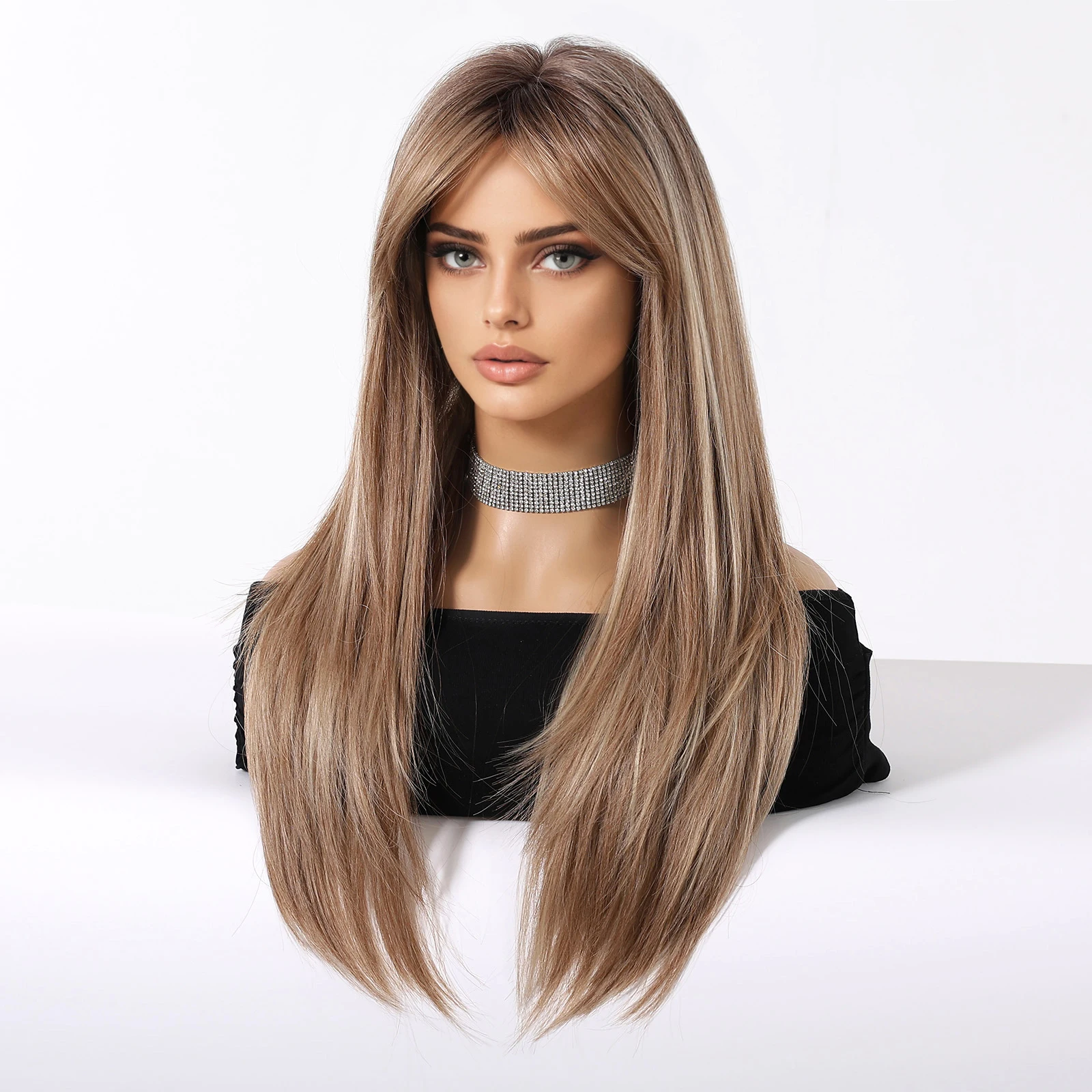 Brown Ombre Balayage Long Straight Layered Synthetic Wig with Curtain Bangs for Women Highlighted Hair Natural for Daily