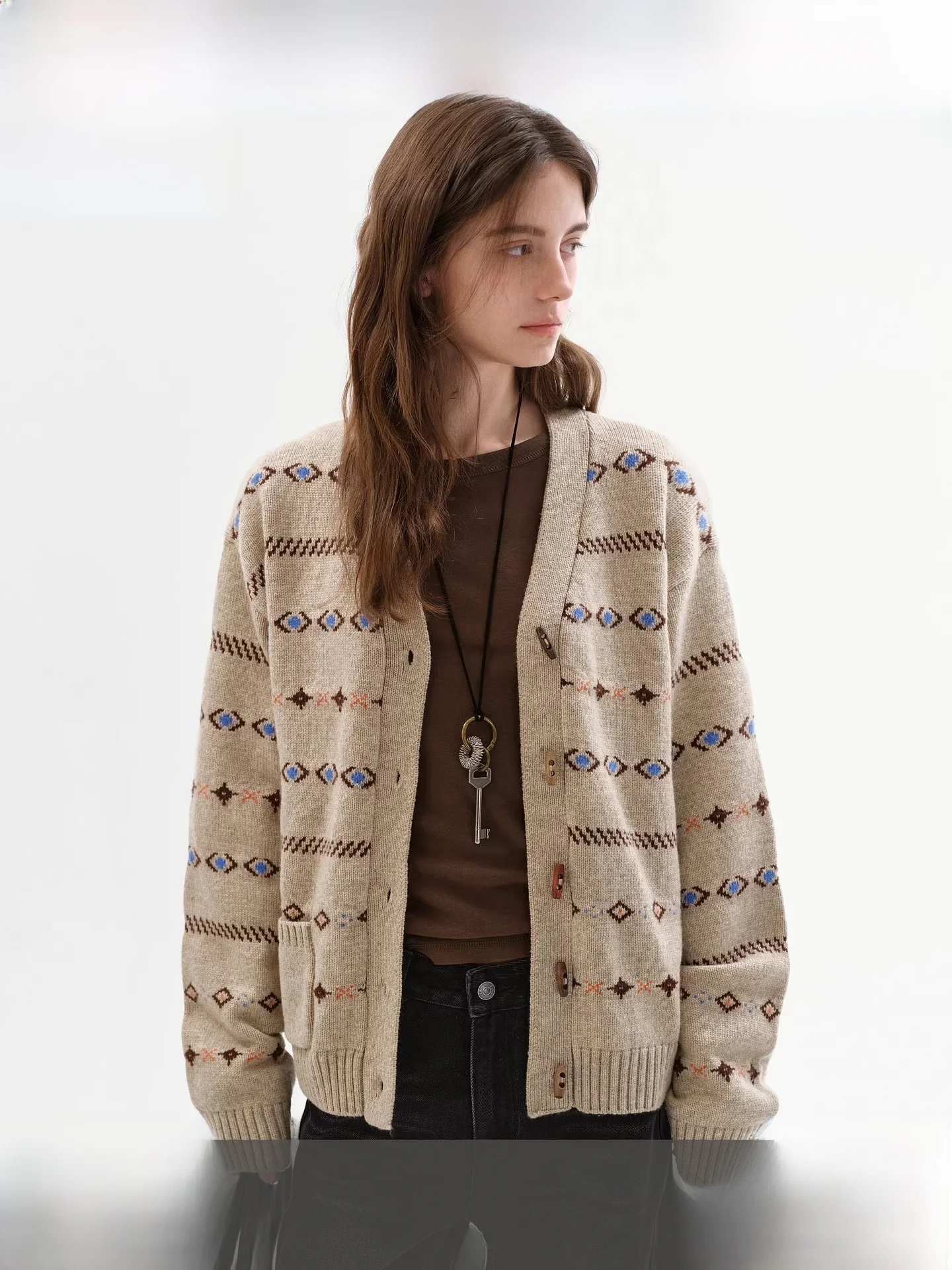 

Женский свободный вязаный кардиган Fano из смесовой шерсти и нейлона с геометрическим цветным узором, весенний повседневный кардиган с V-образным вырезом и длинными рукавами