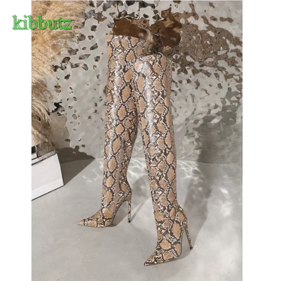 Snake Print Leather Over The Knee Boots,Pointed Toe Stiletto Women Shoes Side Zip Long Boots Autumn 2023 New Zapatos Para Mujere