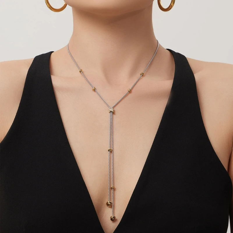  Adjustable Pull Chain Necklace With Double Tone Zircon Beads Neck Jewelry Accessory Perfect For Work And Evening Wear