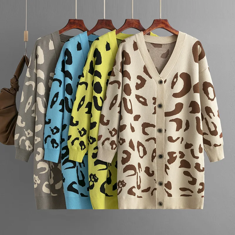 

Autumn Winter New European And American Style Knitted Sweater Mid-Length Leopard Print Cardigan Loose Coat Women