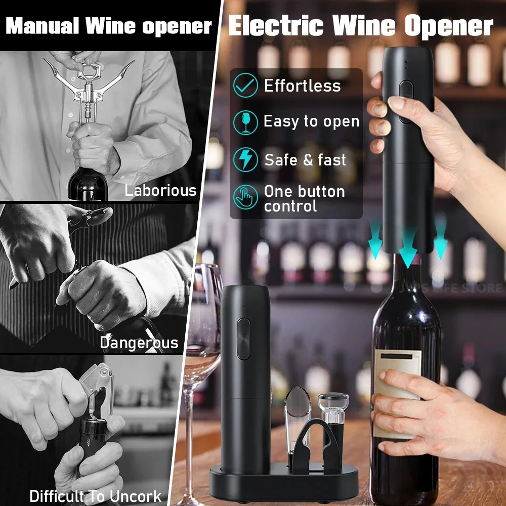 5 In1 Electric Wine Opener Set with Charging Base Automatic Corkscrew with Aerator Pourer and Foil Cutter for Kitchen Party Gift