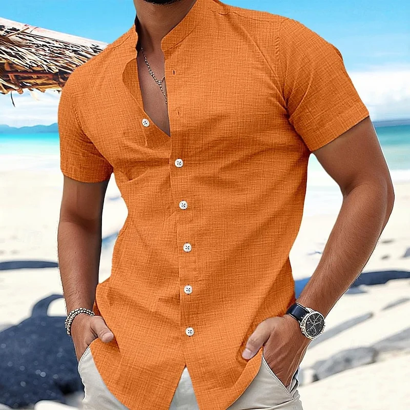 Men's shirt linen summer Hawaiian beachwear black and white blue and orange short sleeves solid color stand collar summer casual