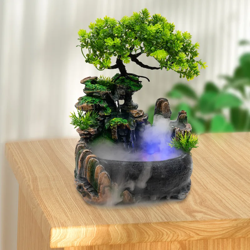 

Desktop Waterfall Mini Rock W/LED Lights & Atomizer, Artificial Bonsai Tabletop Fountain Decor, Office Decor