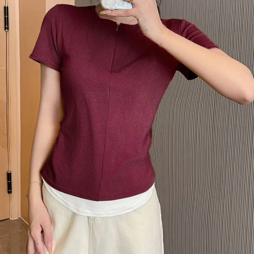 

Fashion Y2K Fake Two Pieces Top Patchwork V-neck Slim Crop Top Women Spicy Girl Chic Short Sleeve T-shirts Streetwear