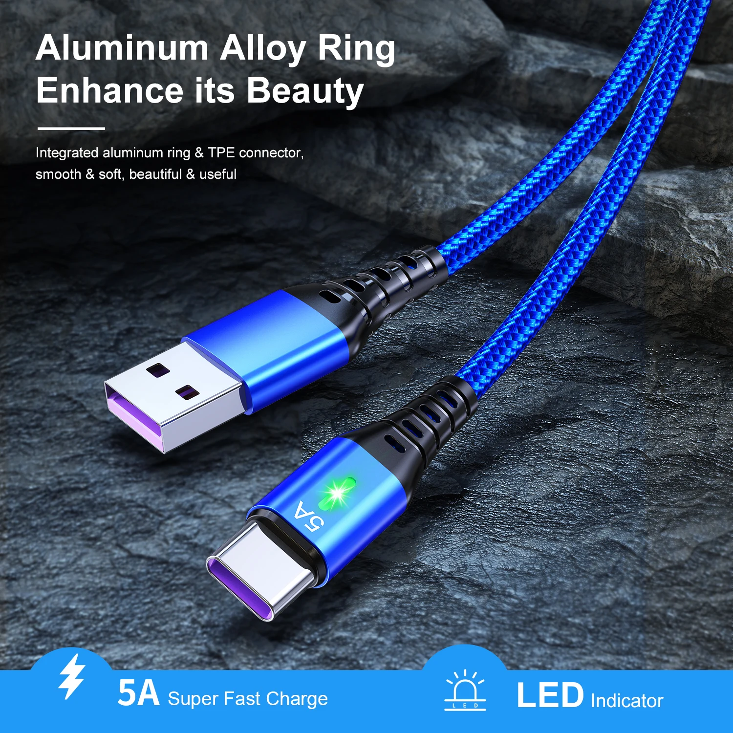 5A USB Type C Fast Charging Cable for Samsung Xiaomi Mobile Phone Quick Charger Data Cable LED Nylon Braided Wire 0.3M/1M/2M/3M