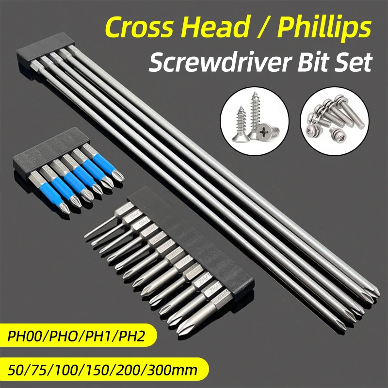 Phillips Screwdriver Bits Set Magnetic Cross Head Screwdriver S2 Steel PH00 PH1 PH2 1/4 Hex 50/75/100/150mm Hand Electric Tools