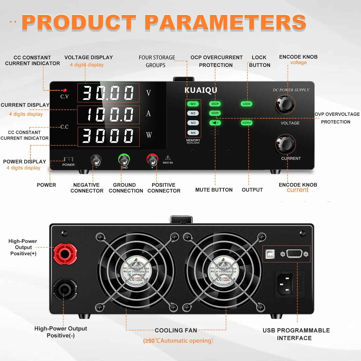 KUAIQU 30V 100A 3000W Switching power supply R-SPS30100S Storage Memory OCP OVP Short Circuit Protection Voltage regulator SMPS