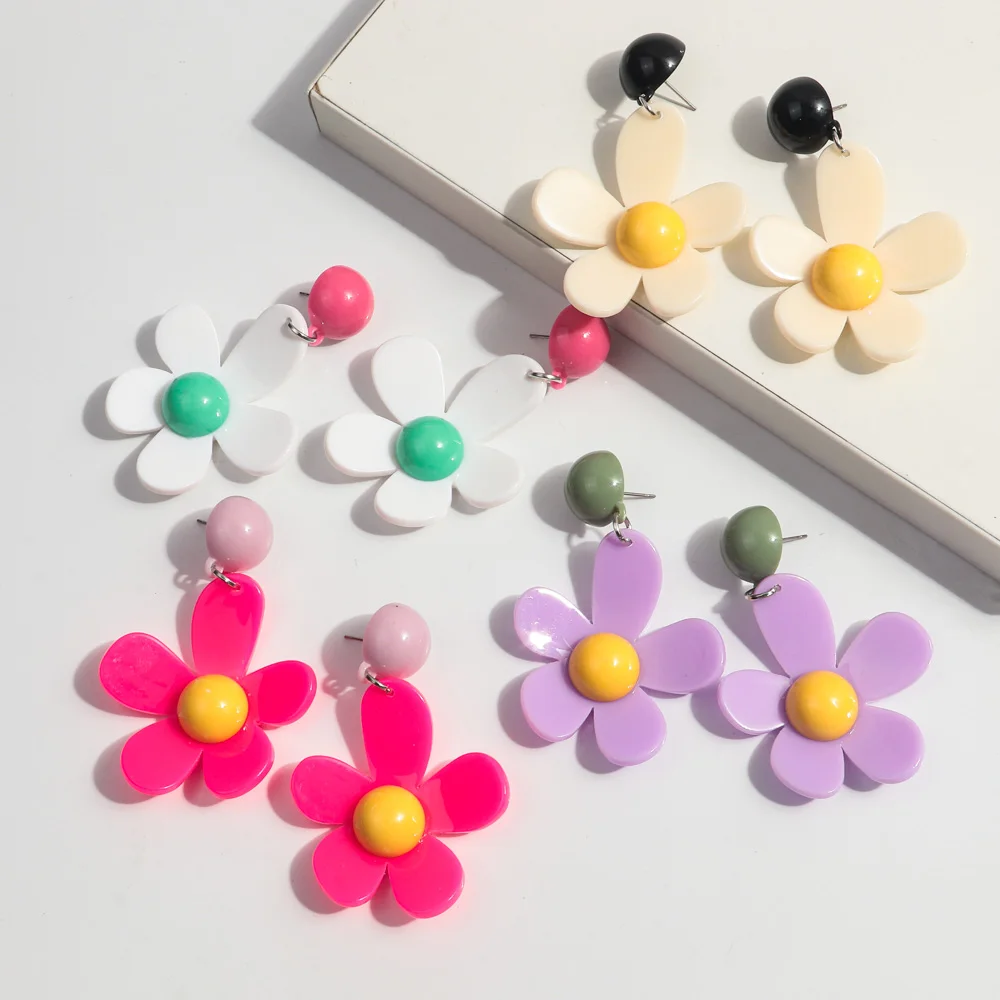 Korean Colorful Acrylic Flower Large Drop earrings for Women Elegant Resin Hanging Boho Earrings Travel Party Accessories New