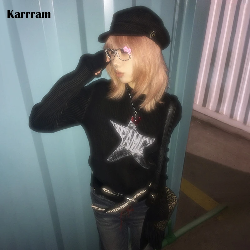 Karrram Japanese Y2k Black Knitted Tops Trashy 2000s Style Long Sleeve Knit T-shirt Vintage Harajuku Distressed Knitwear Grunge