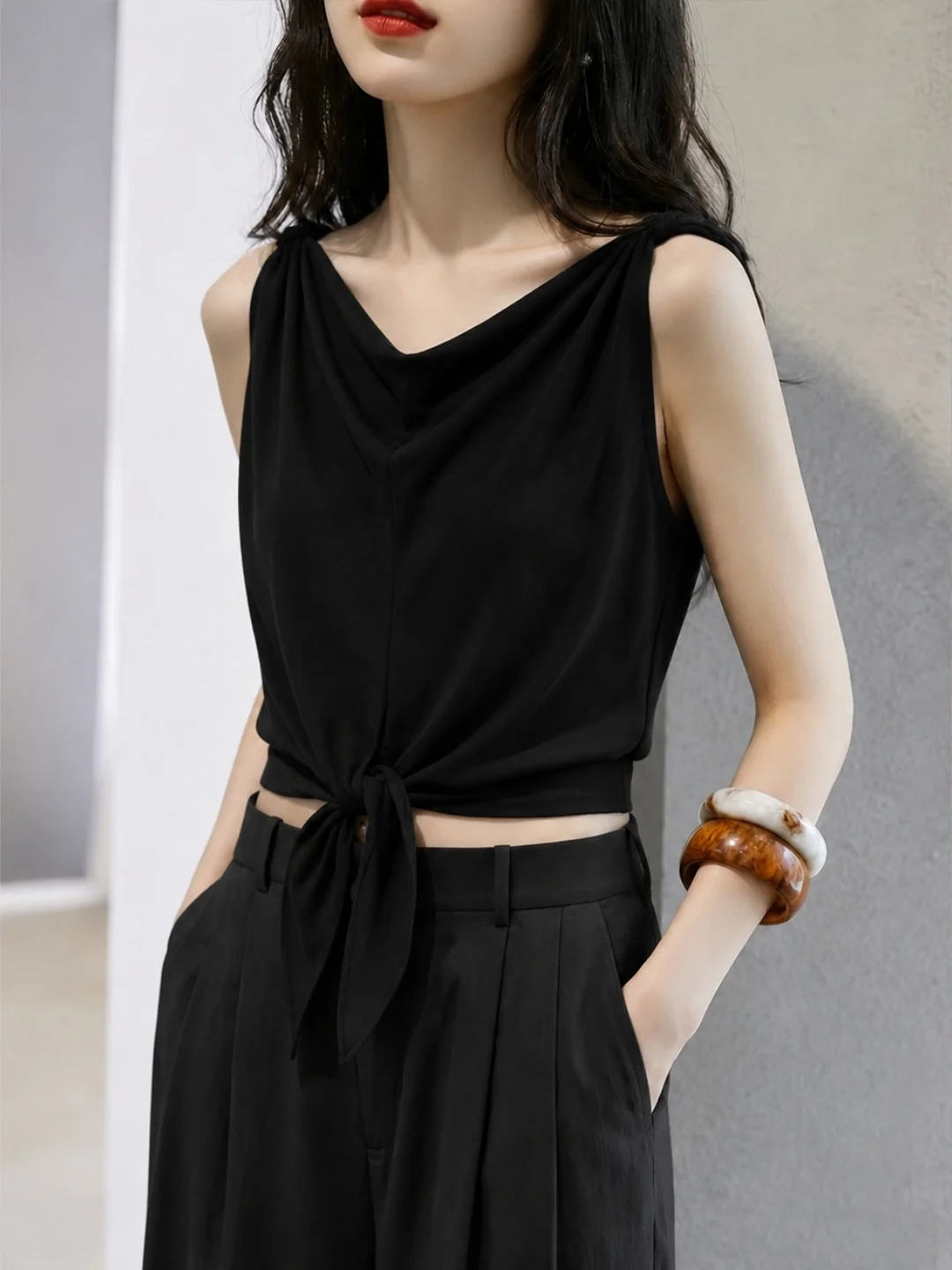 Summer 2026 Women's Pure Color Versatile Sleeveless Vest Design Belted Waist Slimming Top Korean Style Straight Cut Silk Blend