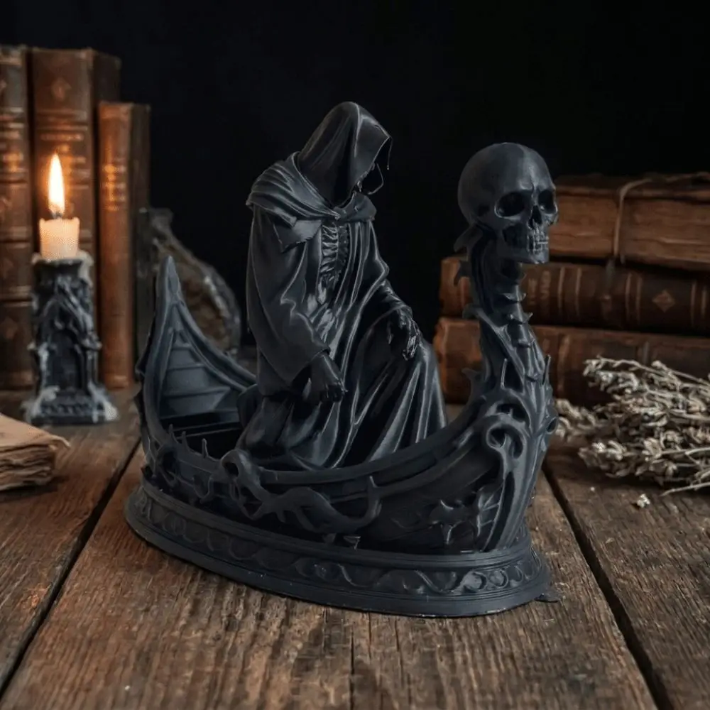 Gothic Style Grim Reaper Statue Resin Dark Mythology Skeleton Figurine Mysterious Design Hooded Skeleton Ferryman Sculpture Gift