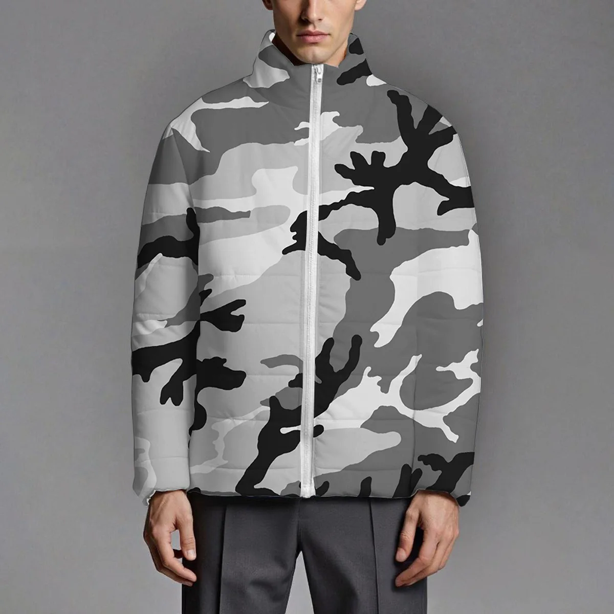 Man Down Jacket Winter Fashion Drawing Printed Stand Collar Male Outerwear Thicken Warm Long Sleeve Zipper Loose Casual Men Coat