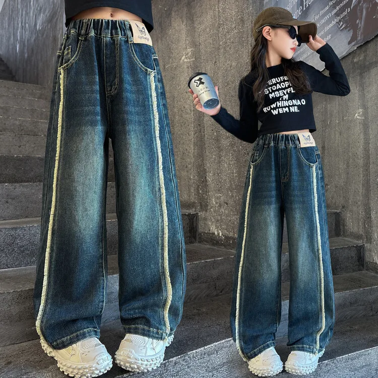 Wide Leg Jeans for Girls Spring Autumn Loose Vintage Straight Retro Pants Fashion Teenage Kids Trousers 6 8 9 10 11 12 14 Years