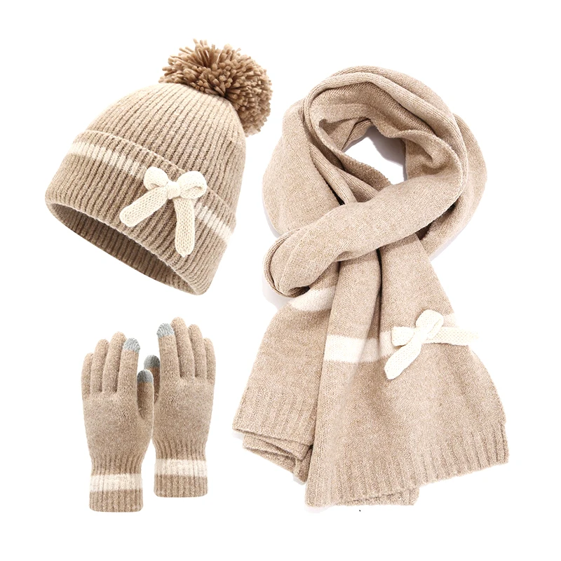 Winter Bow Scarf Hat Glove for Women Korean Sweet Bows Fashion Pompom Beanies Touch Screen Gloves Outdoor Coldproof Warm Scarves