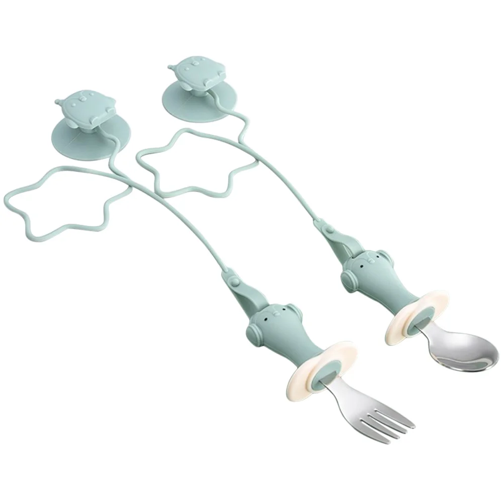 

1Set Toddler Fork Spoon Silicone Stainless Steel Baby Tableware Training Set Self Feeding Suction Cup Chain Mess-Free Dining