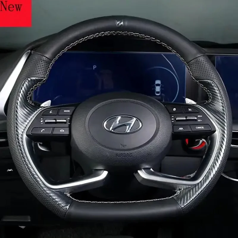 

Customized Hand-Stitched Leather Carbon Fibre Car Steering Wheel Cover for Hyundai Elantra 2021 Car Accessories