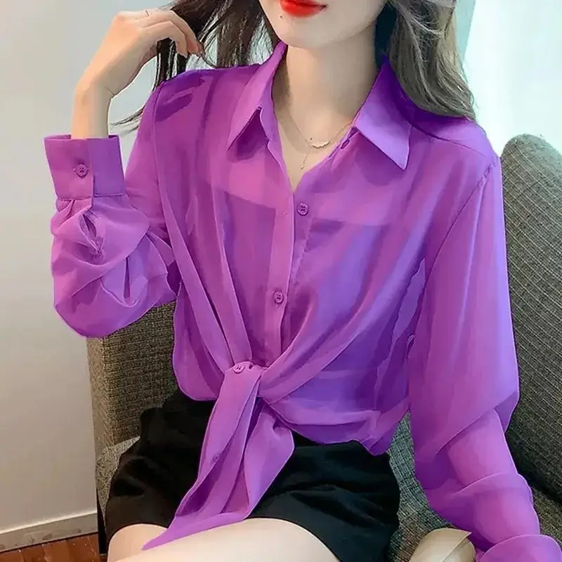 Thin Chiffon Shirt Women\'s Lace Up Cardigan 2024 Summer Outfit New Long Sleeve Sun Protection Shirt Air Plus Size Top Women