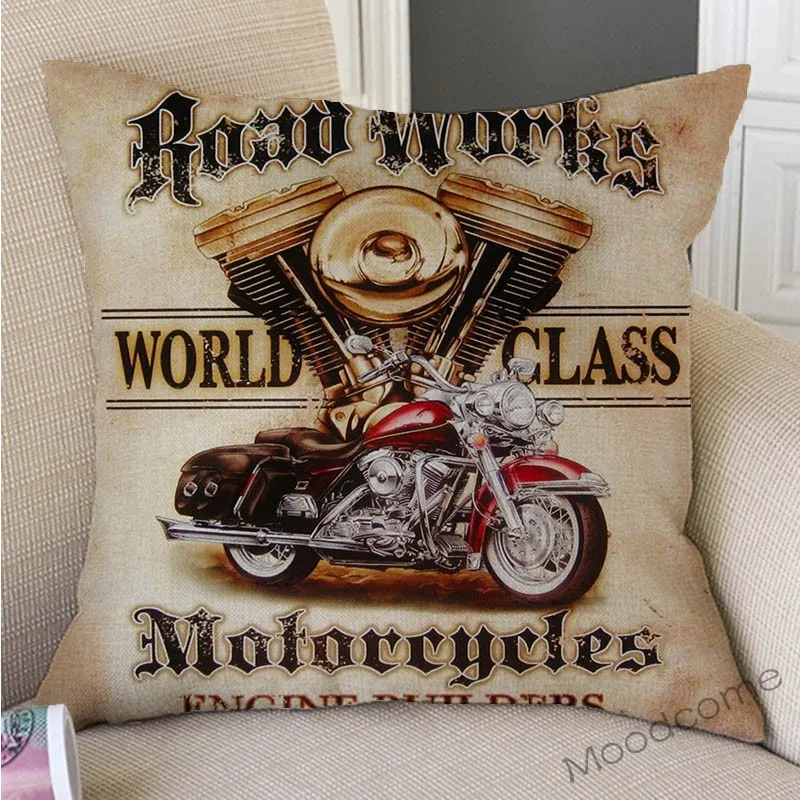 Vintage Classic Motorcycle Club Art Cotton Linen Sofa Throw Pillow Case Home Decorative Motor Bike Chopper Art Cushion Cover