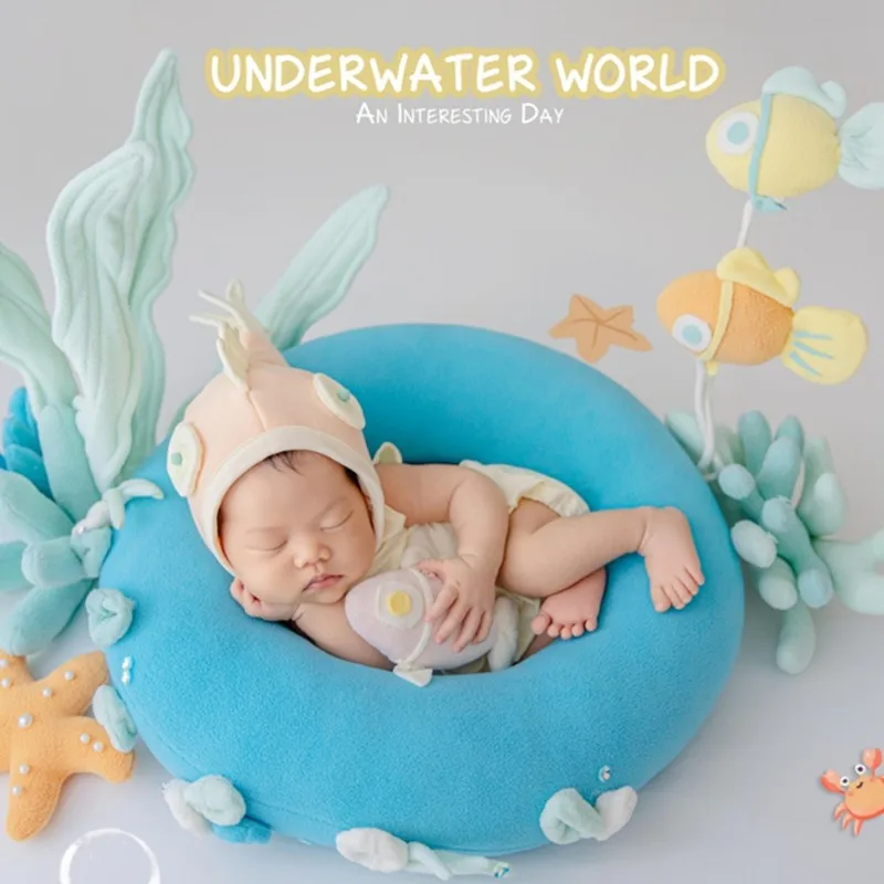 ❤️Newborn Photography Clothes Outfits Hat+Jumpsuit+Circle+Seaweed+Coral+Fish+Starfish Studio Baby Photo Props Accessories