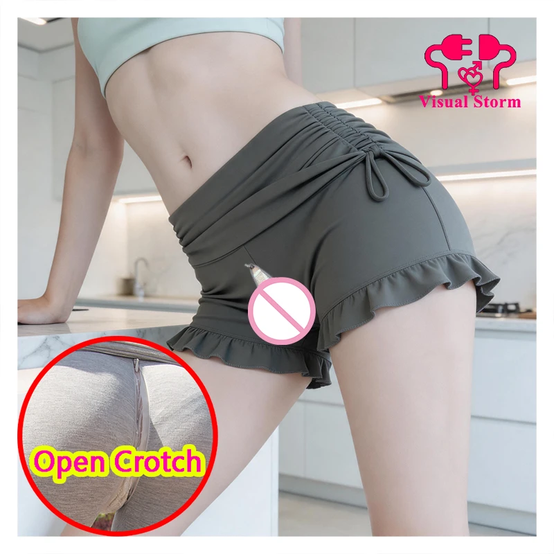 Women Open Crotch Pants Short Ruffle Edge Hidden Zipper Shorts Outdoor Easy Mini Leggings Casual Yoga Fishman Crotchless Bottoms