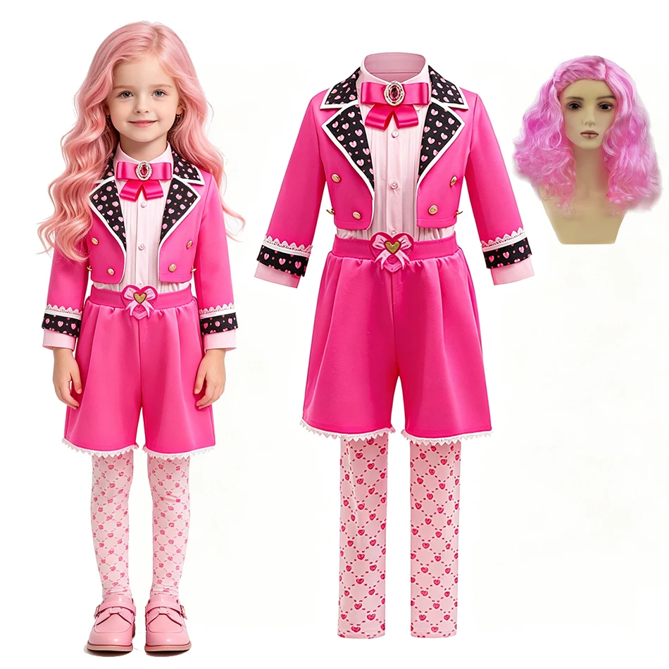 Girls Sweet Pink 4Pcs Outfit Set Heart Patchwork Blazer Lace Trim Shorts Printed Leggings Kids Host Show Carnival  Dress Up