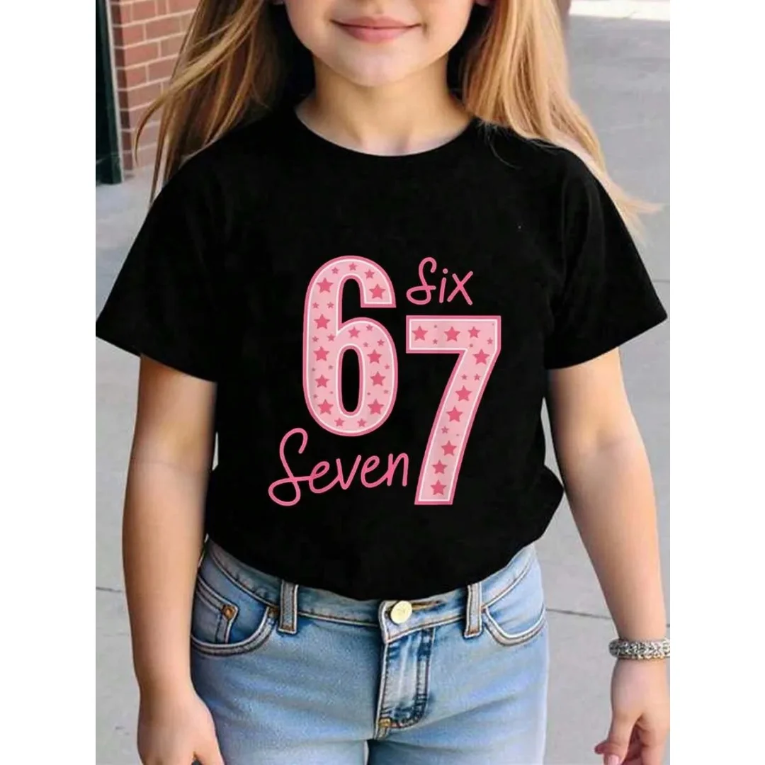 Children's 67 Christmas Elf Print Girls Short Sleeve Round Neck Tee Parties Casual Wear Comfort Children Clothes Girl Clothing