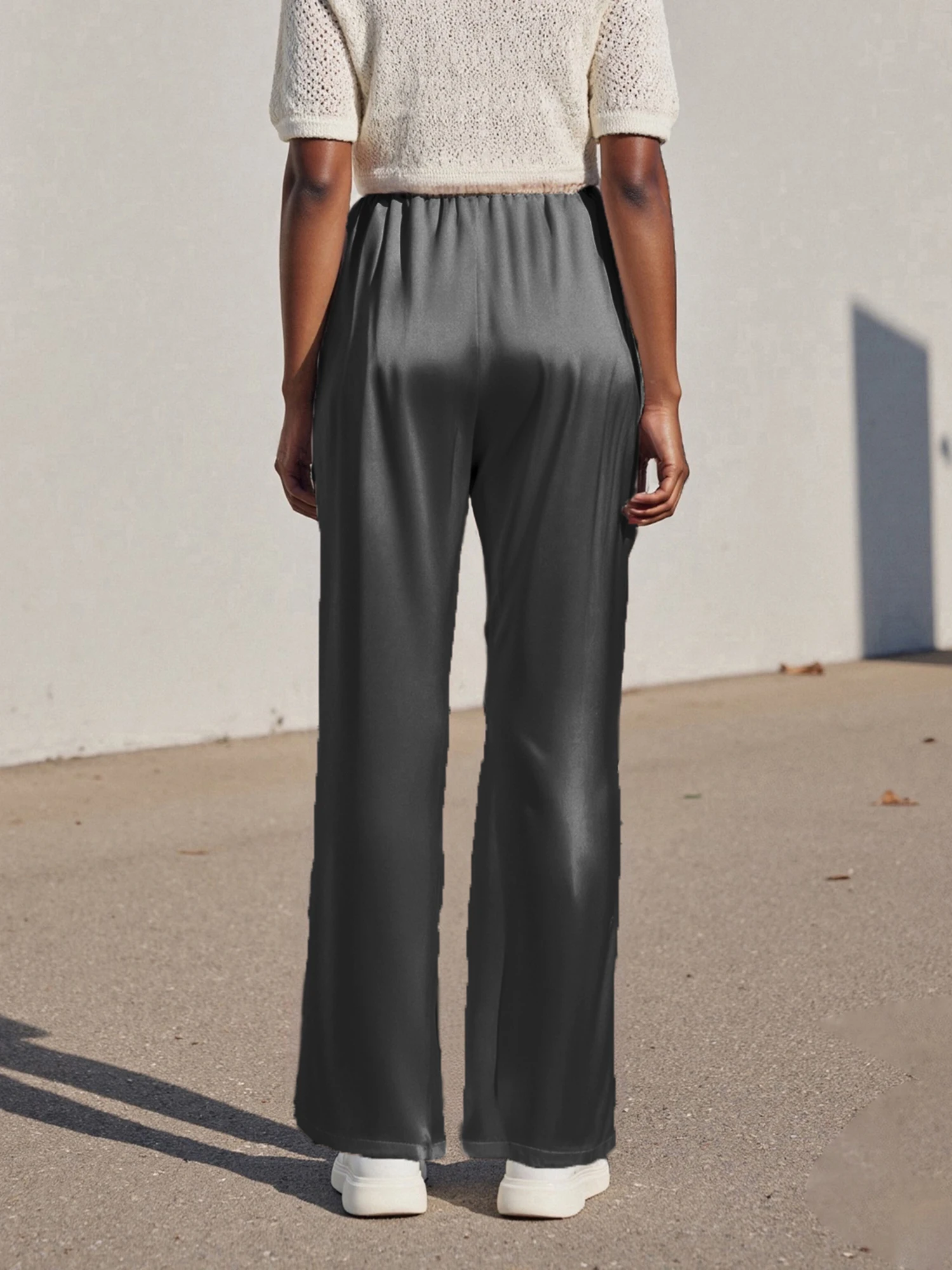 Calças femininas de seda com pernas largas, cordão, cintura alta, cor sólida, calças soltas, calças fluidas