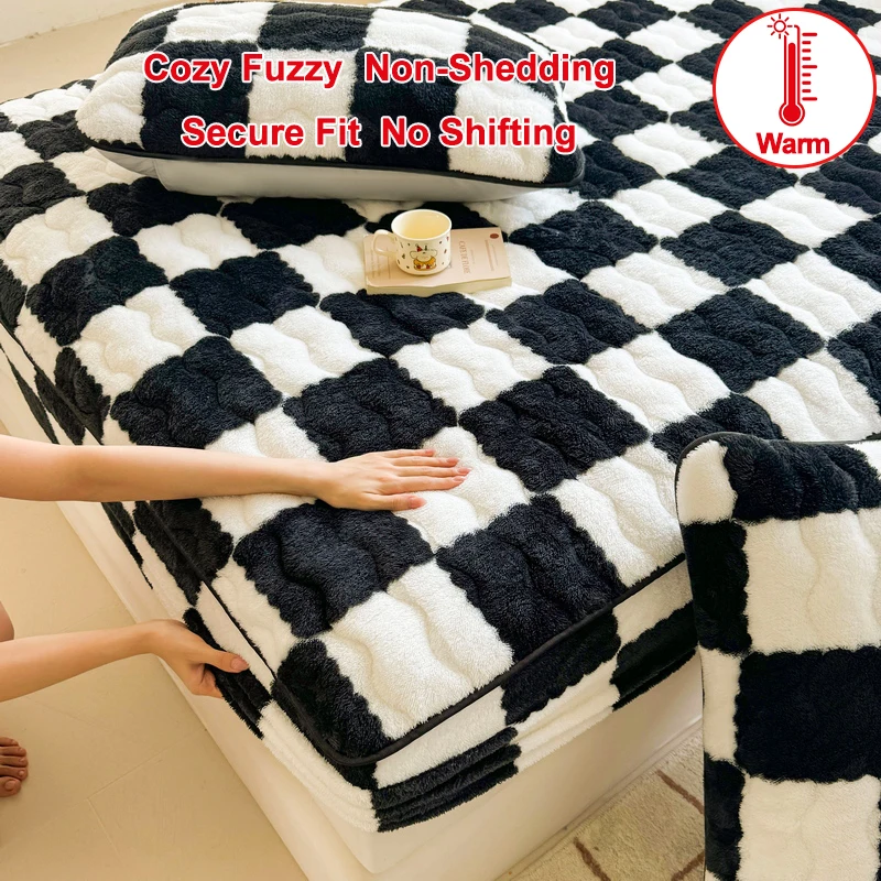 Black White Checkered Quilted Plush Mattress Cover, Cozy Fuzzy Warm Non-Shedding Mattress Protector, Secure Fit No Shifting