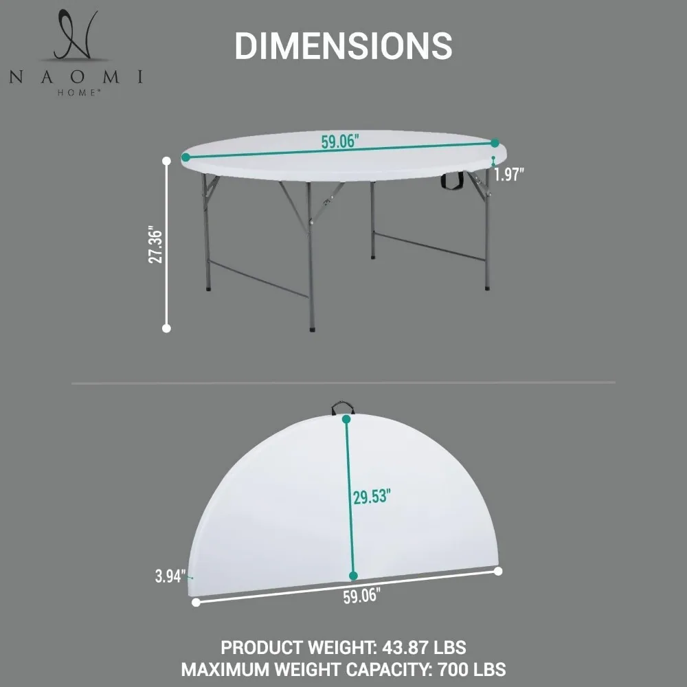 60 Inch Round Folding Table,5 Ft Bi-Fold Portable Plastic Table with Carrying Handle Lightweight and Durable for Indoor/Outdoor