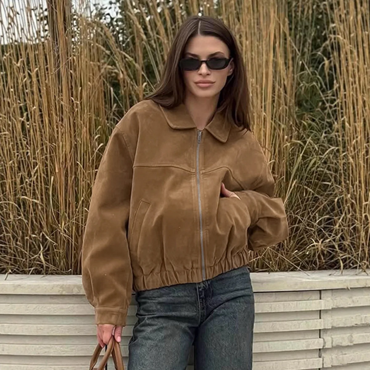 

KIDCRKJ Women Vinatge Spring Suede Jacket Khaki Lapeel Collar Zipper Female Bomber Coat Commuting Versatile slim Lady Outewar