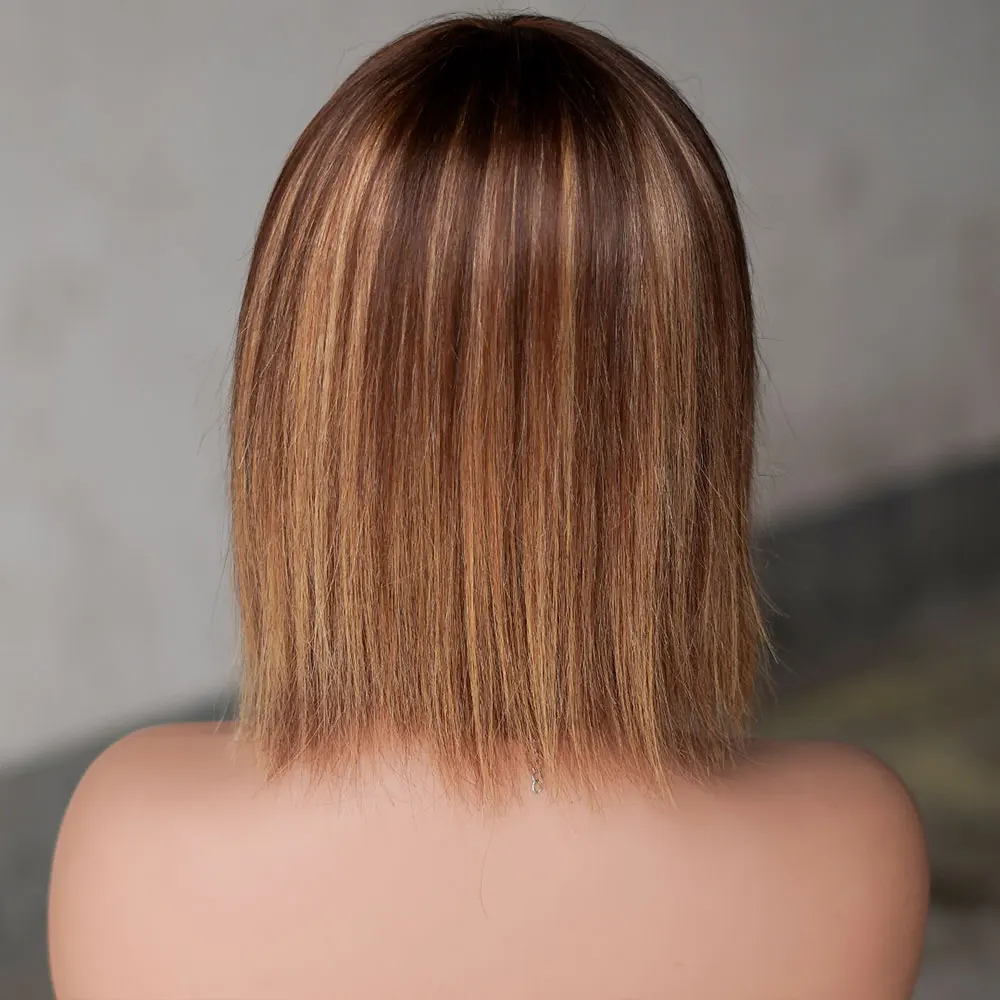 Indon-brasileiro Remy Bob perucas com franja para mulheres, cabelo humano reto curto, nenhum frente de renda, destaque