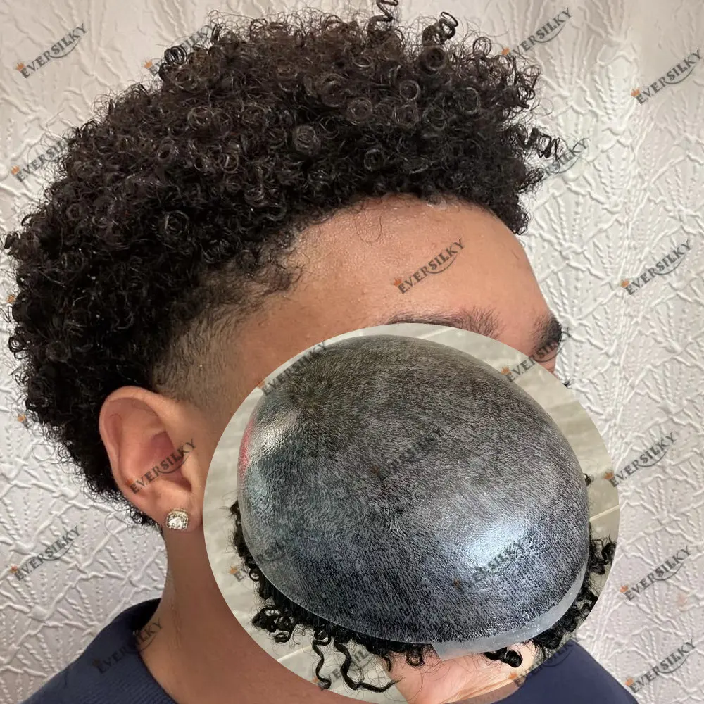 

8mm Afro Toupee Men Kinky Curly Unit 100% Human Hair Durable Full Skin PU Toupee Men Capillary Prosthesis Replacement System