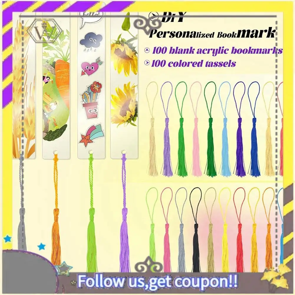 New 100 PCS Acrylic Blanks Bookmarks With 100 Pcs Colorful Bookmark Tassels, For DIY Craft Projects & Gift Tags