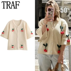 TRAF Cherry Off White Cardigan Women's Cardigan Spring 2024 Knit O-Neck Short Sleeve Sweaters New Knitwear Elegant All-Match Top