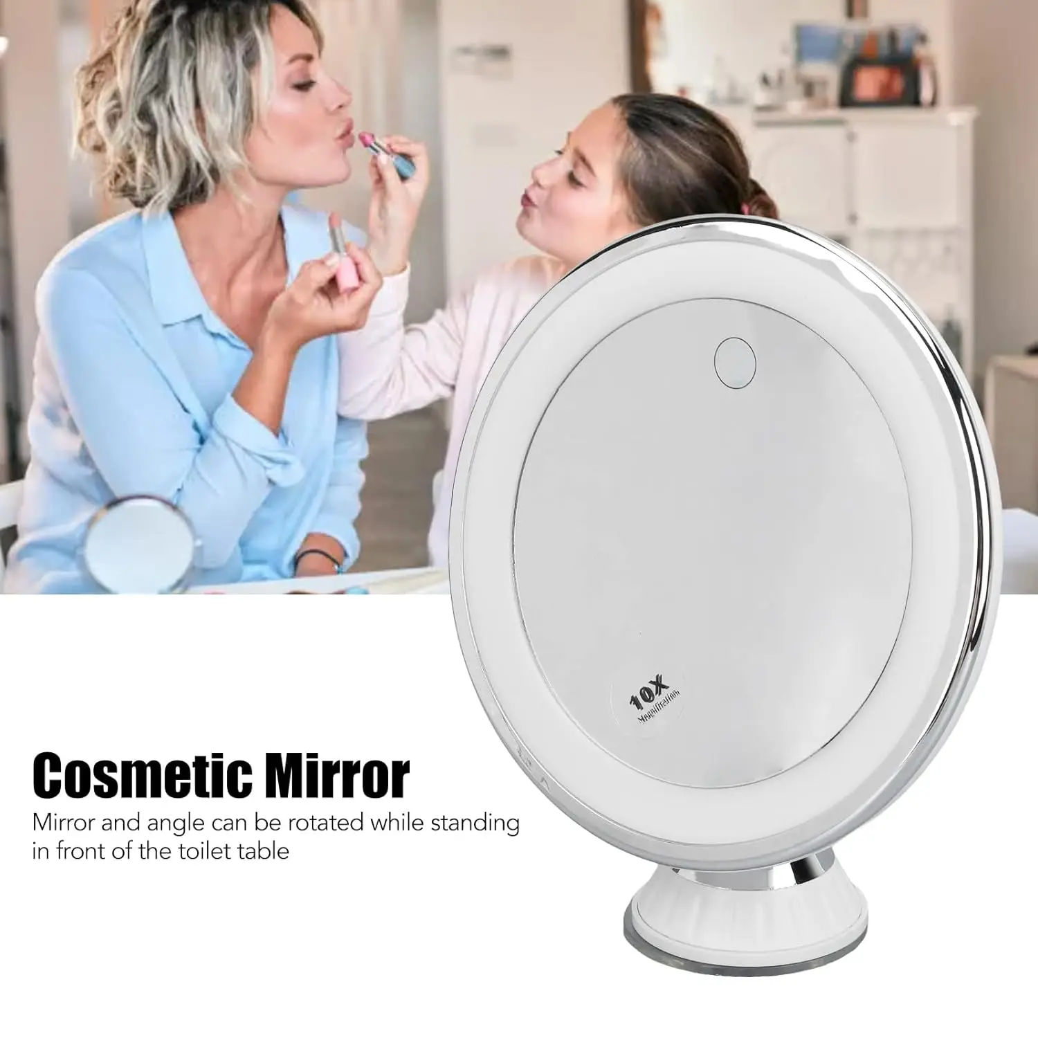 Miroir grossissant de maquillage LED 3 couleurs de lumière éclairé avec grossissement 10x et ventouse 360 °   Luminosité de rotation variable