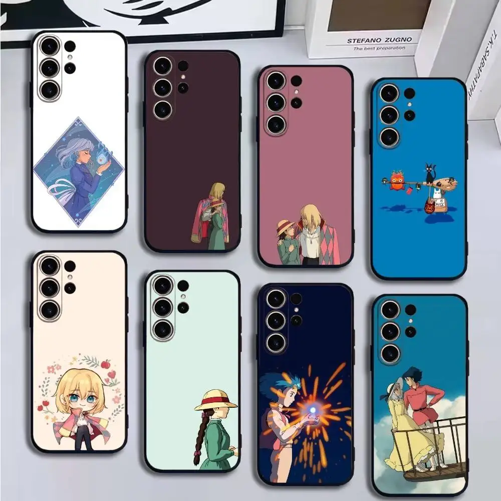 حافظة هاتف S-Sophie Moving Castle لهاتف SamsungS25,24,21,22,23,30, Ultra,20, Plus, Fe, Lite, Note,10,9, غطاء أسود ناعم