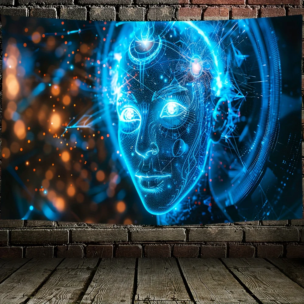 1pc  Neon Blue AI Robot Face Cyberpunk Tapestry, Futuristic Sci-Fi Wall Hanging for Bedroom Living Room Game Room Decor