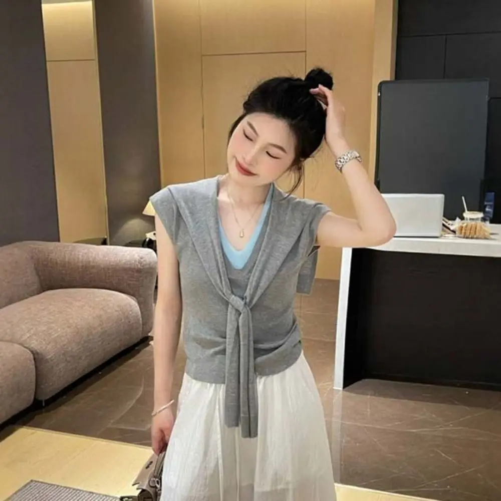 

Lace-up Fake Two Pieces T-shirts Patchwork V-neck Slim Knit Crop Top Korean Style Short Sleeve Sweet Girl's Tees Top Summer