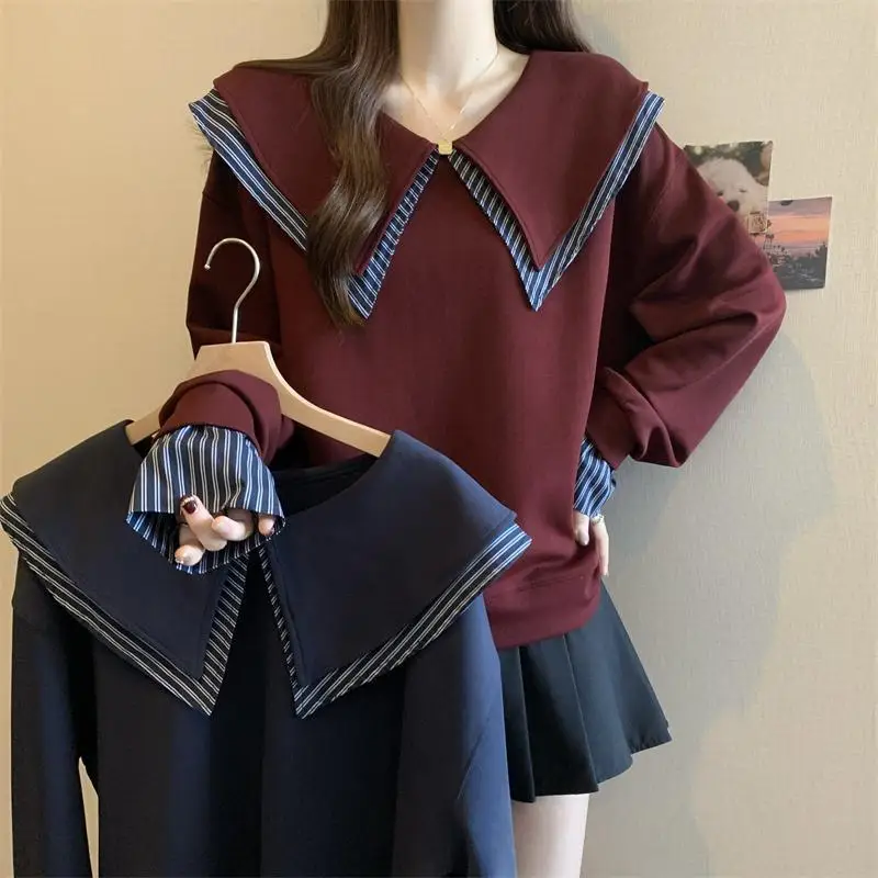 

Oversized Turn-down Collar Fake Two Pieces Sweatshirts Female Fleece Fashion Patchwork Long Sleeve Pullovers Women Striped Tops