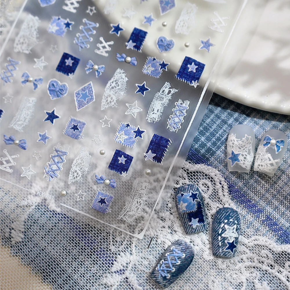 

Denim Fabric Star Love Bowknot White Lace Fragments Pearl 3D Self Adhesive Nail Art Stickers Vintage Manicure Decals Wholesale