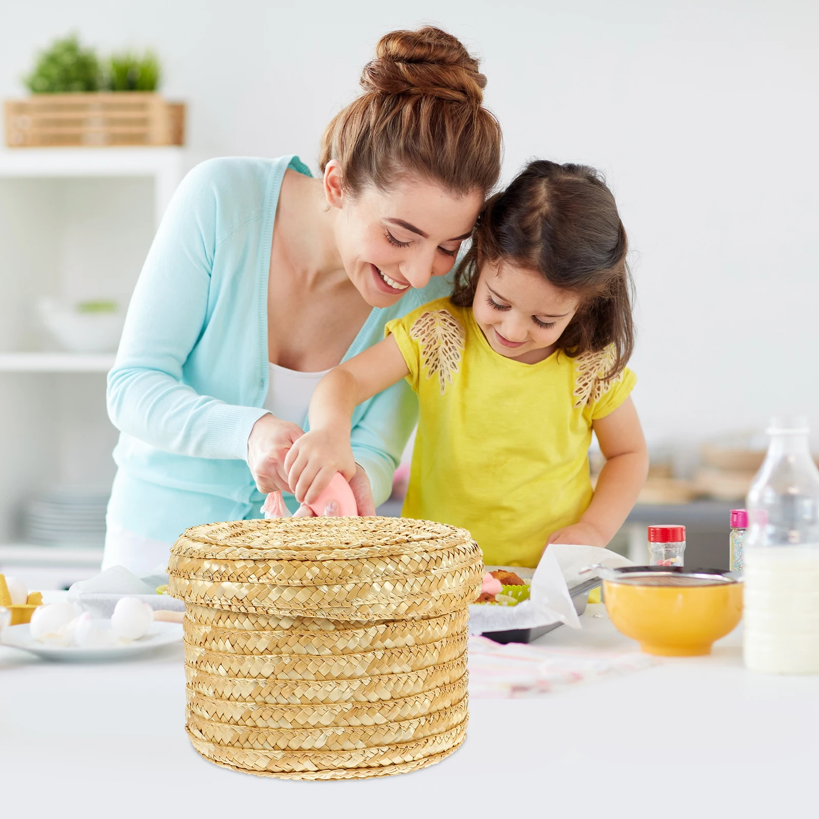 

2 Pcs Straw Storage Baskets Decorative Lid Woven Bins Large Capacity Fruit Bread Snack Holder Home Hotel Dining Table