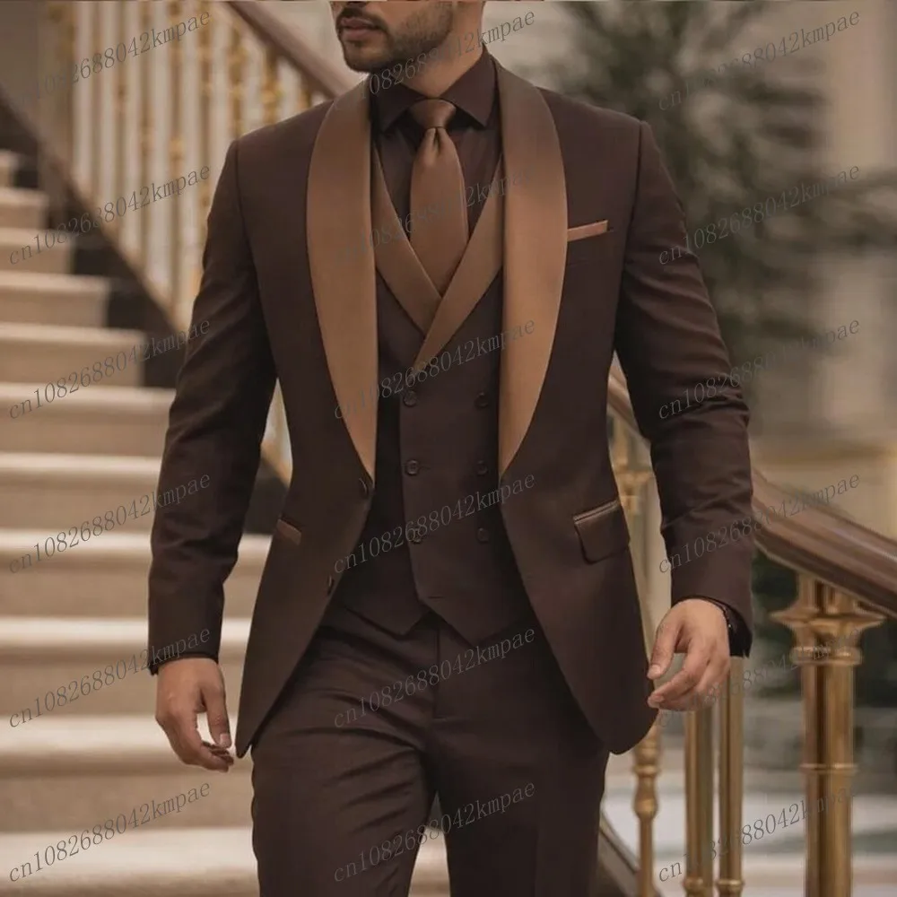 

New Dark Brown Men Suit Formal Groom Groomsman Wedding Party Prom Business Male Tuxedos 3 Piece Set Blazer Vest Pants