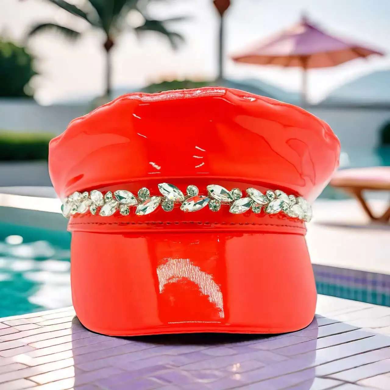 

HongLuan Laser Leather Captain Hat Rhinestone & Military Caps for Woman, Rave Festivals Accessories ＆ Party Cap Man Cosplay Fem