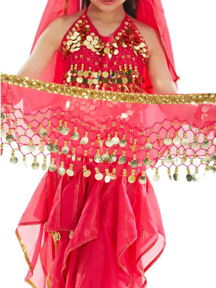 Sequins Oriental Dancing Halloween Costume Children\'s Belly Hip Scarf Performance Jazz Tassels Girl Fantasia Latin Clothes Arab