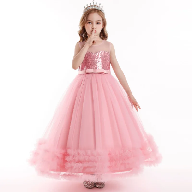 Ragazze adolescenti paillettes fiore principessa festa abiti lunghi Tutu bambini bambini elegante natale abiti da sposa abiti Costume