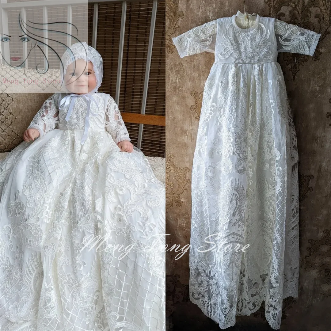 Elegante vestido de renda para bebê, manga comprida, vestido de primeira comunhão para criança, vestido de batismo infantil