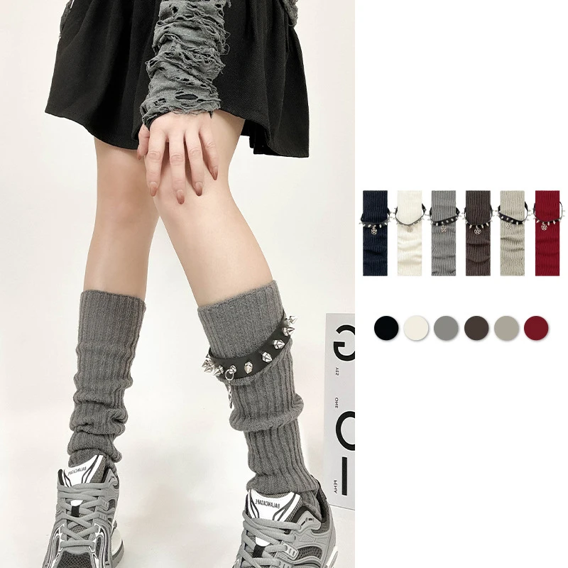 Punk Style PU Rivet Knitted Lolita Socks Leg Warmers Breathable Mid-calf Socks